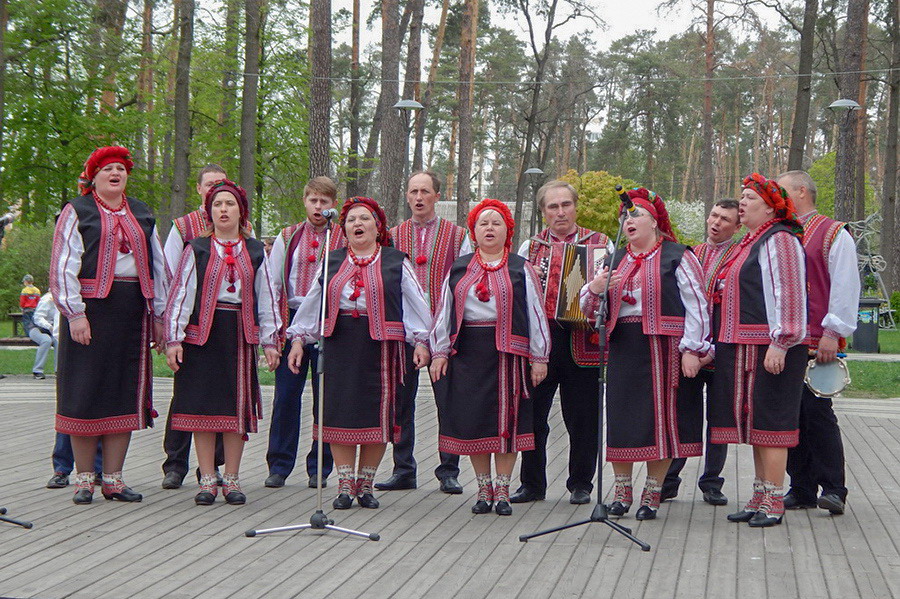 Творчий колектив с. Вишневичі у вишитих сценічних костюмах Любисток